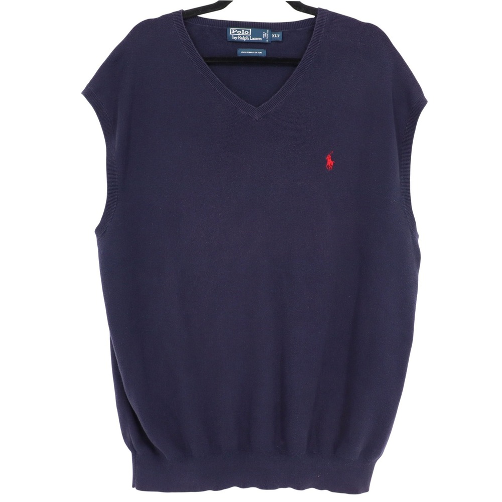 Polo Ralph Lauren Men's XLT Navy Blue Pima Cotton V-Neck Sweater Vest Red Pony